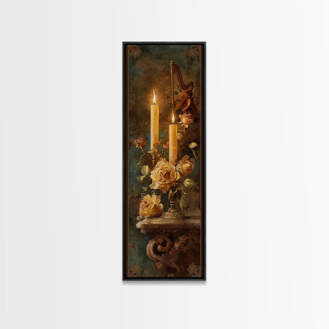 Golden Harp and Roses Framed Canvas Print, Baroque Art, Modern Wall Art, Living Room Decor, Oil Painting, Ornate, Feminist Art, BAO-1x3-54