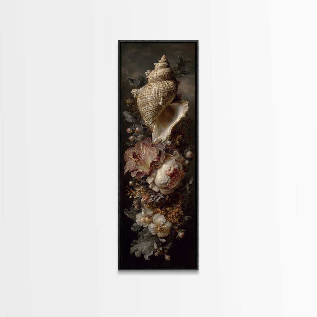 Ornamental Shell and Pearl Composition Framed Canvas Print, Baroque Art, Living Room Wall Art, Living Room Decor, BAO-1x3-58
