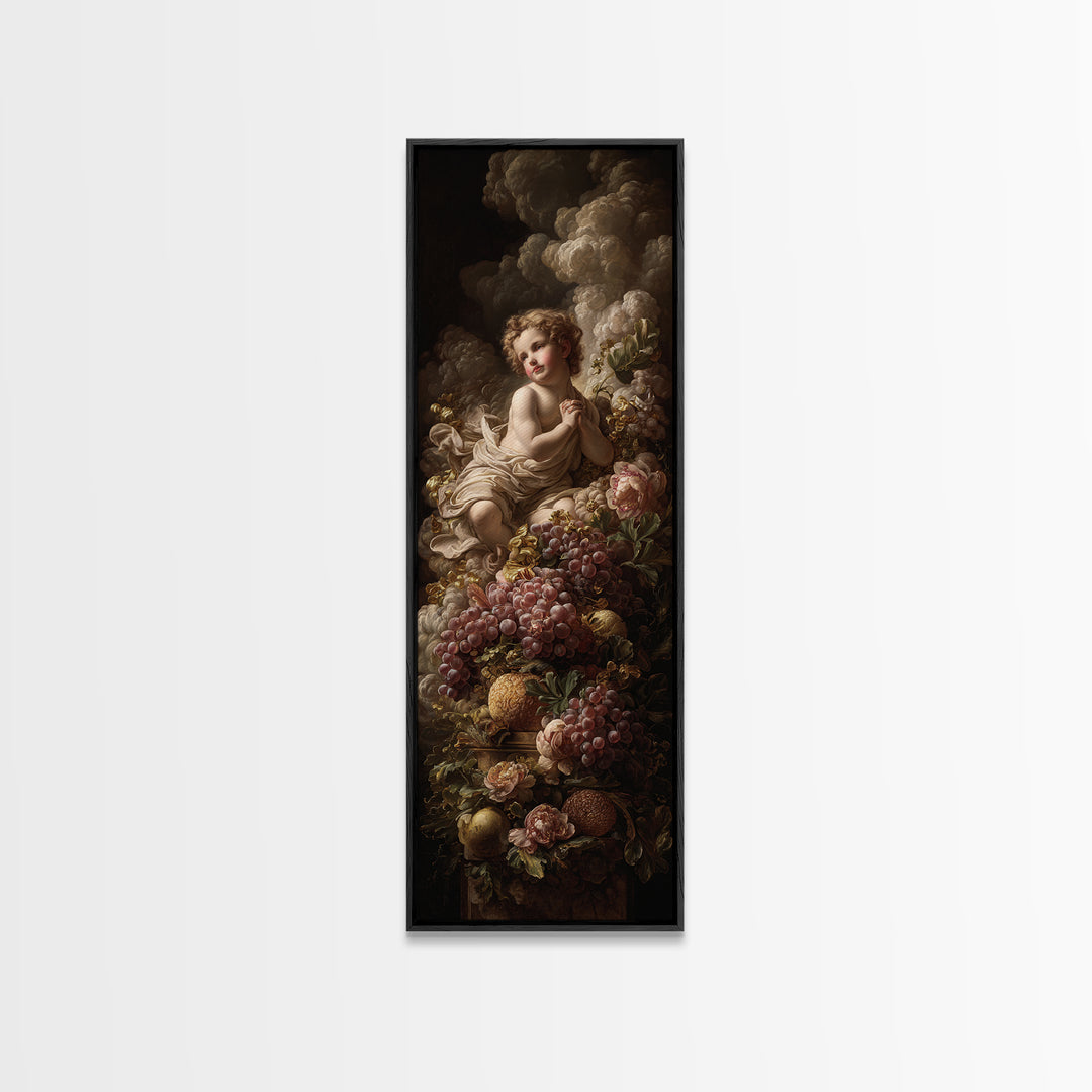 Ornate Cherub Figure Surrounded by Clouds and Framed Canvas Print, Baroque Art, Dark Academia Art, Living Room Decor, Ornate, BAO-1x3-62