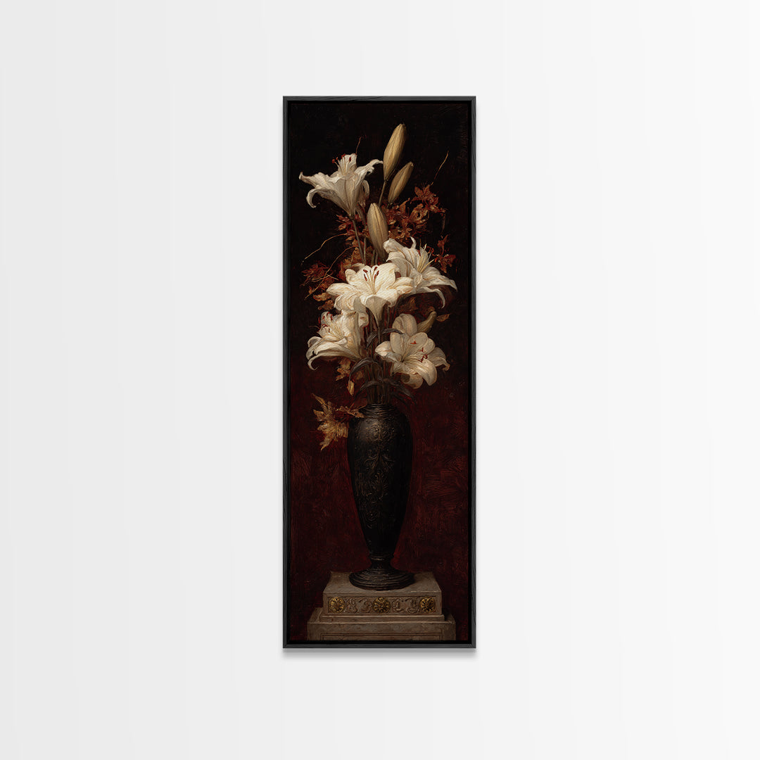 Dramatic White Lilies Canvas Print, Baroque Art, Art Print, Living Room Decor, Fine Art, Ornate, Oil Painting, Digital Wall Art, BAO-1x3-72