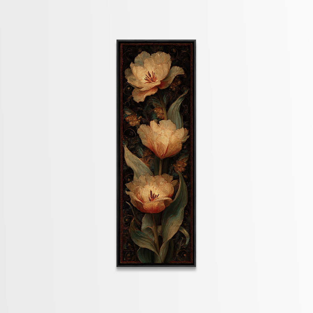 Black Background Tulips Framed Canvas Print, Baroque Art, Room Decor, Living Room Decor, Oil Painting, Ornate, Digital Wall Art, BAO-1x3-76