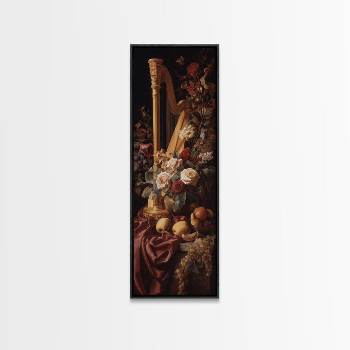 Golden Harp and Roses Canvas Print, Baroque Art, Portrait Painting, Living Room Decor, Fine Art, Ornate, Neutral Decor, BAO-1x3-78