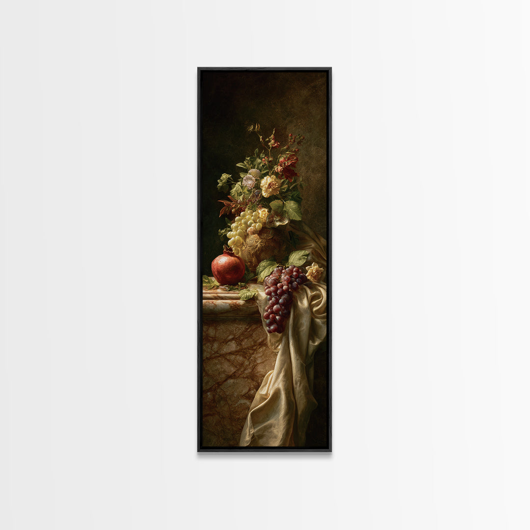 Pomegranate and Grapes on a Marble Ledge Framed Canvas Print, Baroque Art, Contemporary Art, Living Room Decor, Ornate, BAO-1x3-92