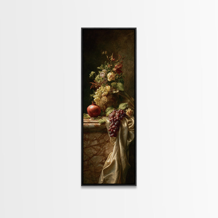 Pomegranate and Grapes on a Marble Ledge Framed Canvas Print, Baroque Art, Contemporary Art, Living Room Decor, Ornate, BAO-1x3-92