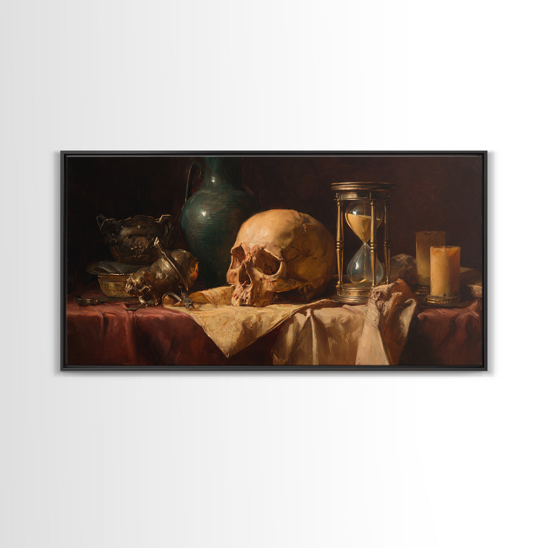 Skull and Hourglass Vanitas Still Life Framed Canvas Print, Baroque Art, Neutral Decor, Living Room Decor, Fine Art, Ornate, BAO-2x1-1