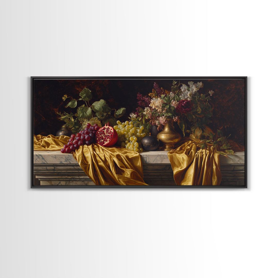 Pomegranate and Grapes on a Marble Ledge Framed Canvas Print, Baroque Art, Eclectic Wall Art, Living Room Decor, Ornate, BAO-2x1-100