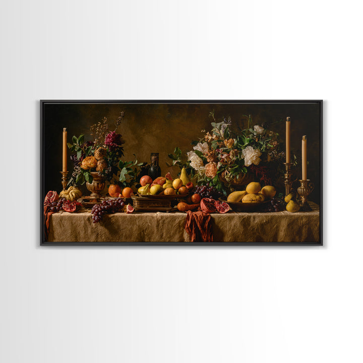 Lavish Banquet Fruit Composition Framed Canvas Print, Baroque Art, Neutral Decor, Living Room Decor, Fine Art, Ornate, BAO-2x1-16