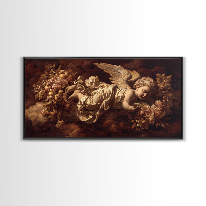 Ornate Cherub Figure Surrounded by Clouds and Canvas Print, Baroque Art, Art Nouveau Decor, Living Room Decor, Fine Art, Ornate, BAO-2x1-22