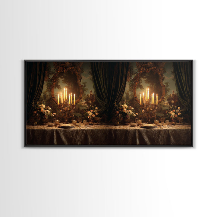 Velvet Drapery with Pearls Flowers and Candlelight Framed Canvas Print, Baroque Art, Wall Art, Living Room Decor, BAO-2x1-23