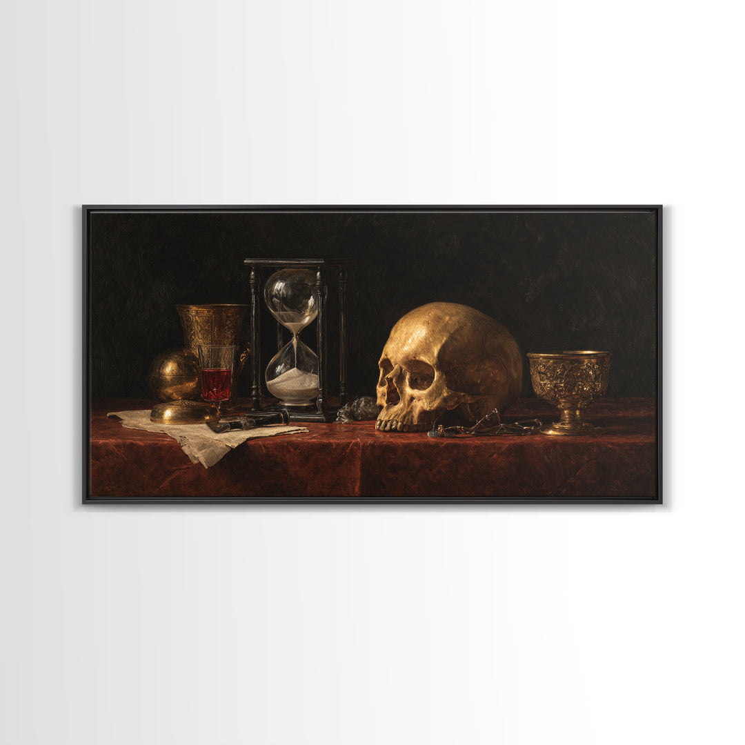 Skull and Hourglass Vanitas Still Life Framed Canvas Print, Baroque Art, Neutral Decor, Living Room Decor, Fine Art, Ornate, BAO-2x1-25