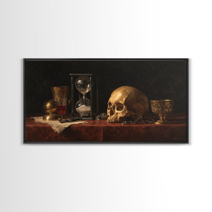 Skull and Hourglass Vanitas Still Life Framed Canvas Print, Baroque Art, Neutral Decor, Living Room Decor, Fine Art, Ornate, BAO-2x1-25