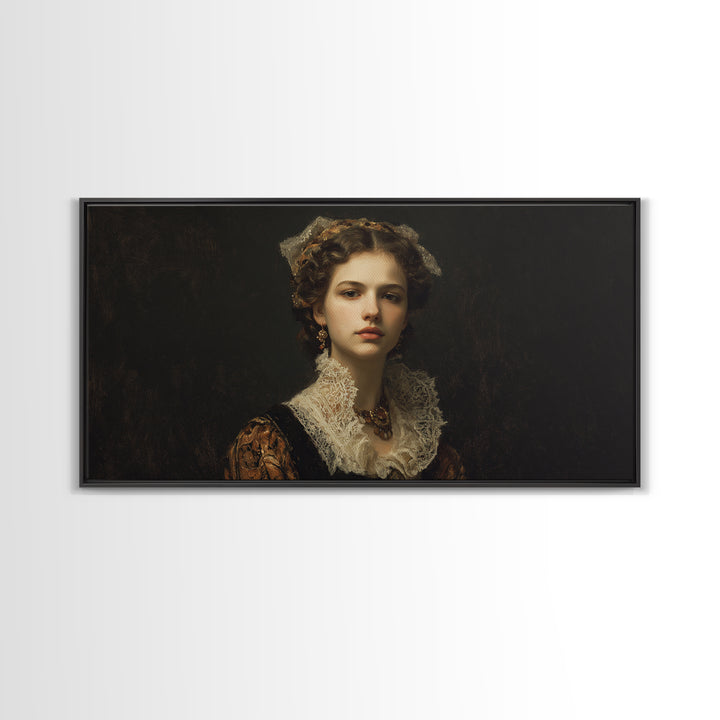 Classical Portrait with Lace Collar and Jewel Framed Canvas Print, Baroque Art, Oil Painting, Living Room Decor, Ornate, BAO-2x1-3