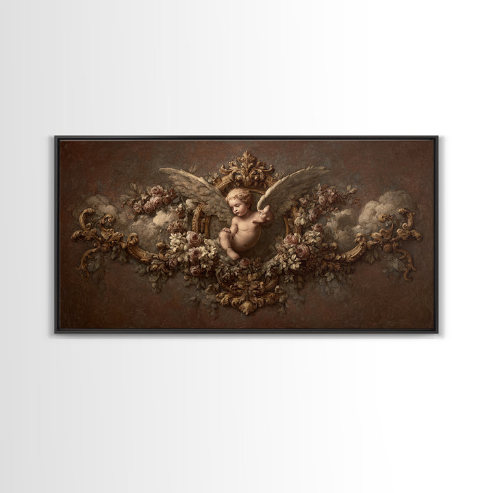 Ornate Cherub Figure Surrounded by Clouds and Framed Canvas Print, Baroque Art, Neutral Decor, Living Room Decor, Ornate, BAO-2x1-46