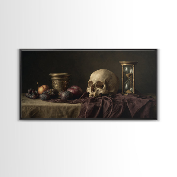 Skull and Hourglass Vanitas Still Life Canvas Print, Baroque Art, Luxury Decor, Living Room Decor, Ornate, Oil Painting, BAO-2x1-49