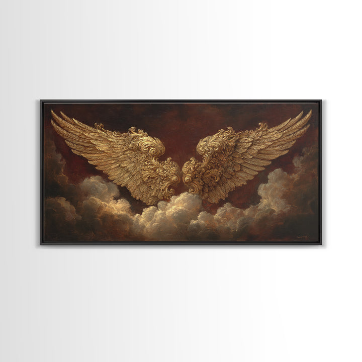 Gilded Angel Wings Emerging from Storm Clouds Framed Canvas Print, Baroque Art, Modern Decor, Living Room Decor, Ornate, BAO-2x1-50