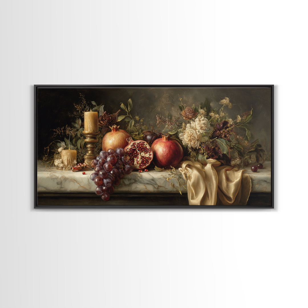 Pomegranate and Grapes on a Marble Ledge Canvas Print, Baroque Art, Art, Living Room Decor, Fine Art, Ornate, Modern Wall Art, BAO-2x1-52