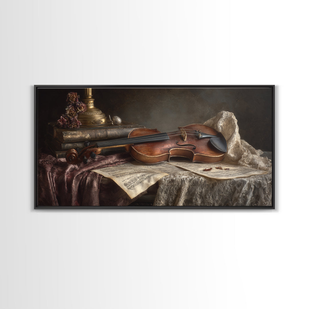 Baroque Violin and Sheet Music Still Life Framed Canvas Print, Baroque Art, Digital Wall Art, Living Room Decor, Ornate, BAO-2x1-55