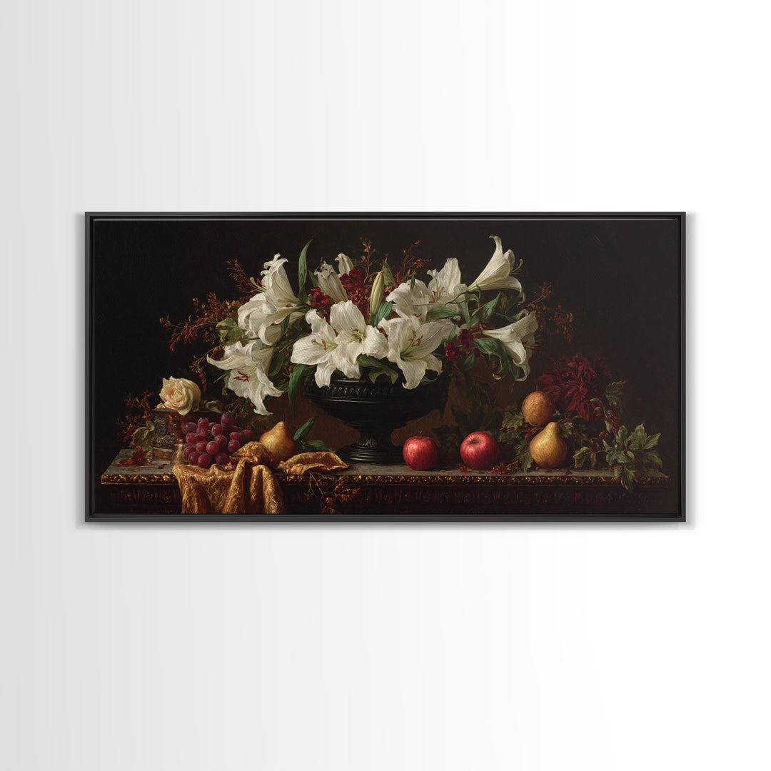 Dramatic White Lilies Framed Canvas Print, Baroque Art, Painting, Living Room Decor, Fine Art, Ornate, Living Room Wall Art, BAO-2x1-56