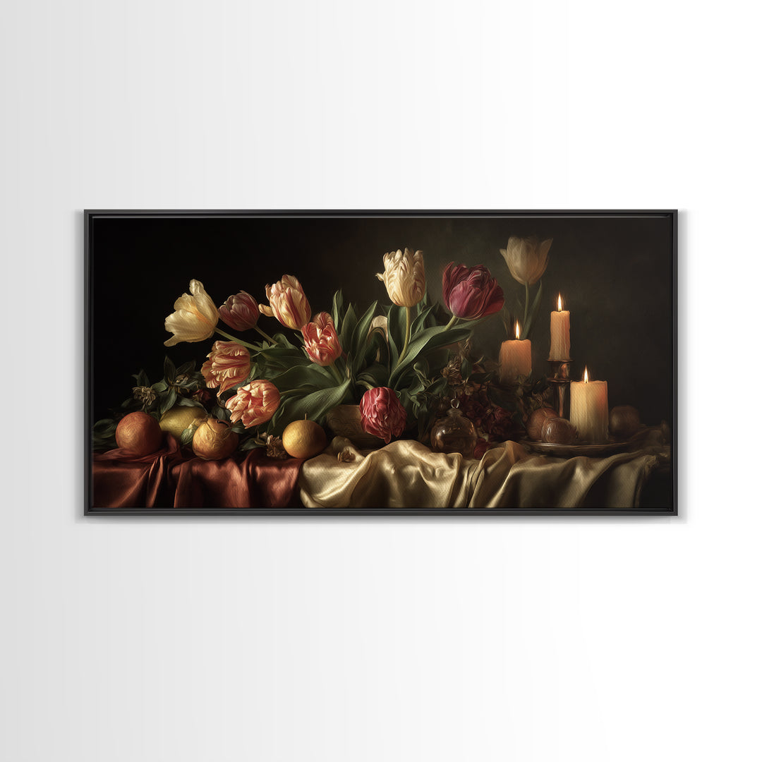 Black Background Tulips Framed Canvas Print, Baroque Art, Decor, Living Room Decor, Oil Painting, Ornate, Moody Wall Art, BAO-2x1-60