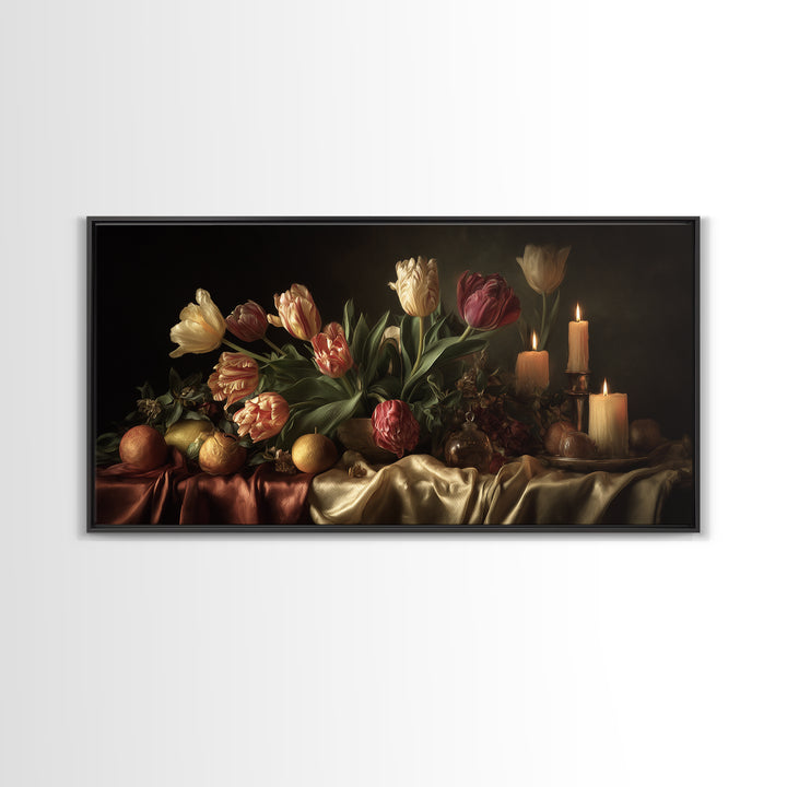 Black Background Tulips Framed Canvas Print, Baroque Art, Decor, Living Room Decor, Oil Painting, Ornate, Moody Wall Art, BAO-2x1-60