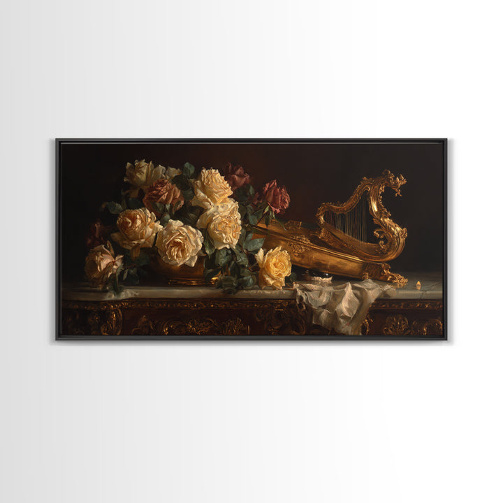 Golden Harp and Roses Canvas Print, Baroque Art, Gallery Decor, Living Room Decor, Oil Painting, Ornate, Minimalist Decor, BAO-2x1-62