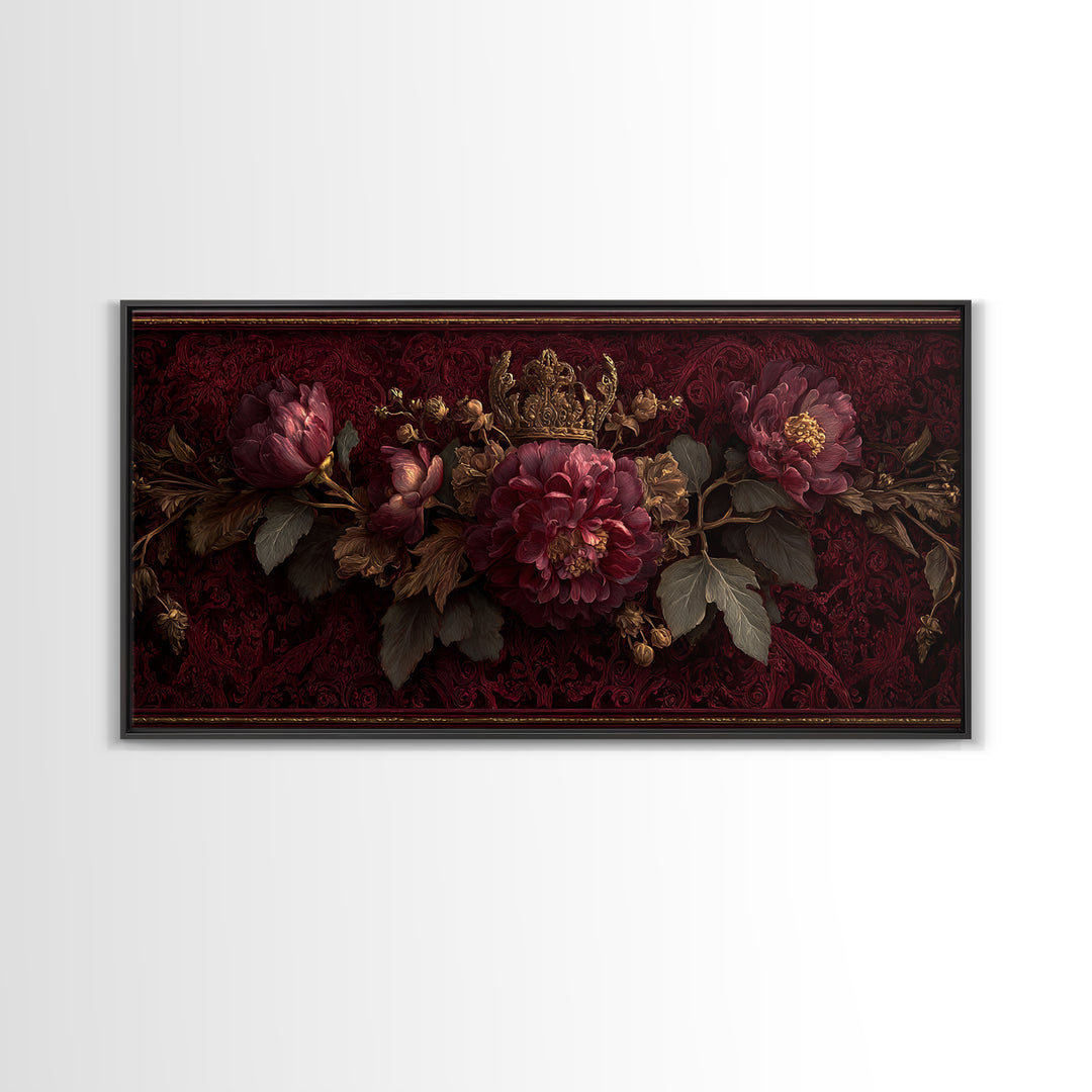 Dark Red Velvet Framed Canvas Print, Baroque Art, Dark Academia Art, Living Room Decor, Fine Art, Ornate, Modern Decor, BAO-2x1-67