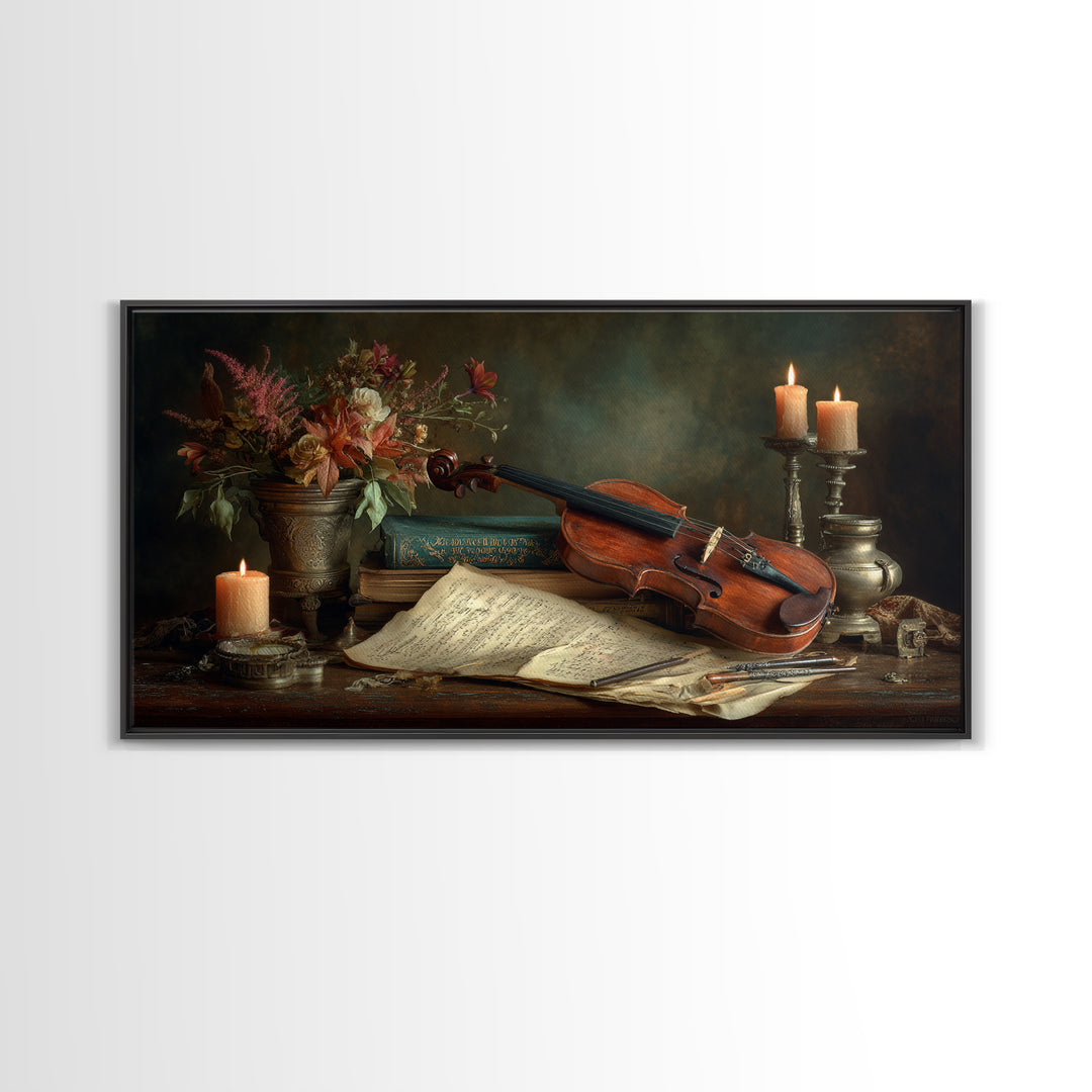 Baroque Violin and Sheet Music Still Life Framed Canvas Print, Baroque Art, Textured Painting, Living Room Decor, Ornate, BAO-2x1-7