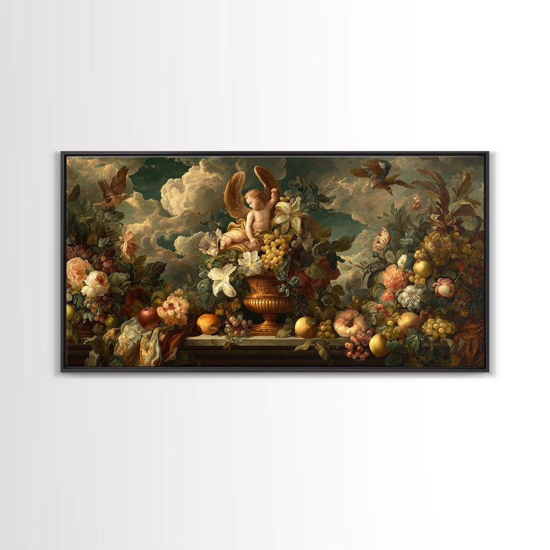 Ornate Cherub Figure Surrounded by Clouds and Canvas Print, Baroque Art, Luxury Decor, Living Room Decor, Fine Art, Ornate, BAO-2x1-70