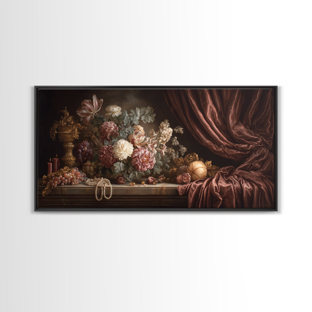 Velvet Drapery with Pearls Flowers and Candlelight Canvas Print, Baroque Art, Minimalist Wall Art, Living Room Decor, Ornate, BAO-2x1-71