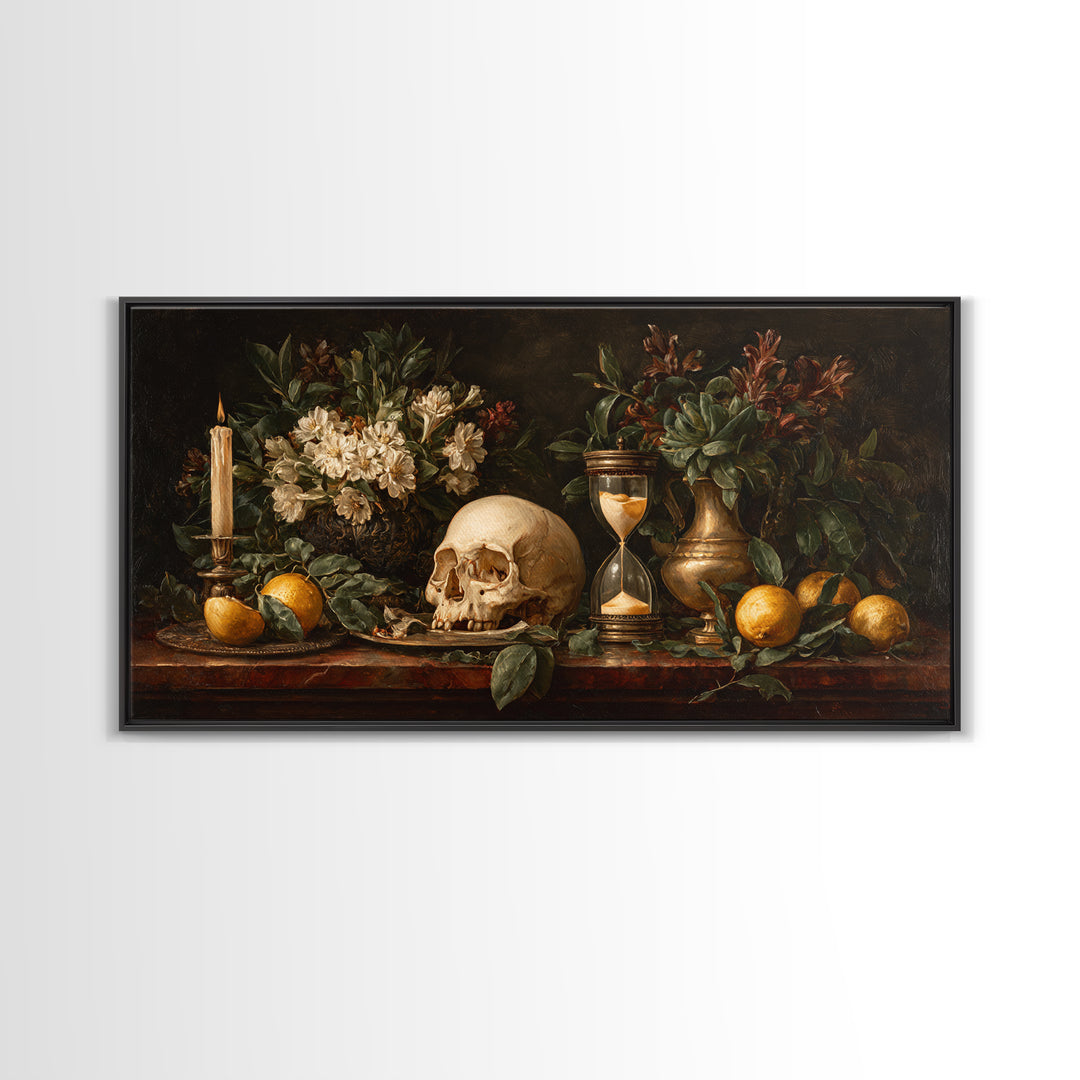 Skull and Hourglass Vanitas Still Life Canvas Print, Baroque Art, Luxury Decor, Living Room Decor, Ornate, Oil Painting, BAO-2x1-73