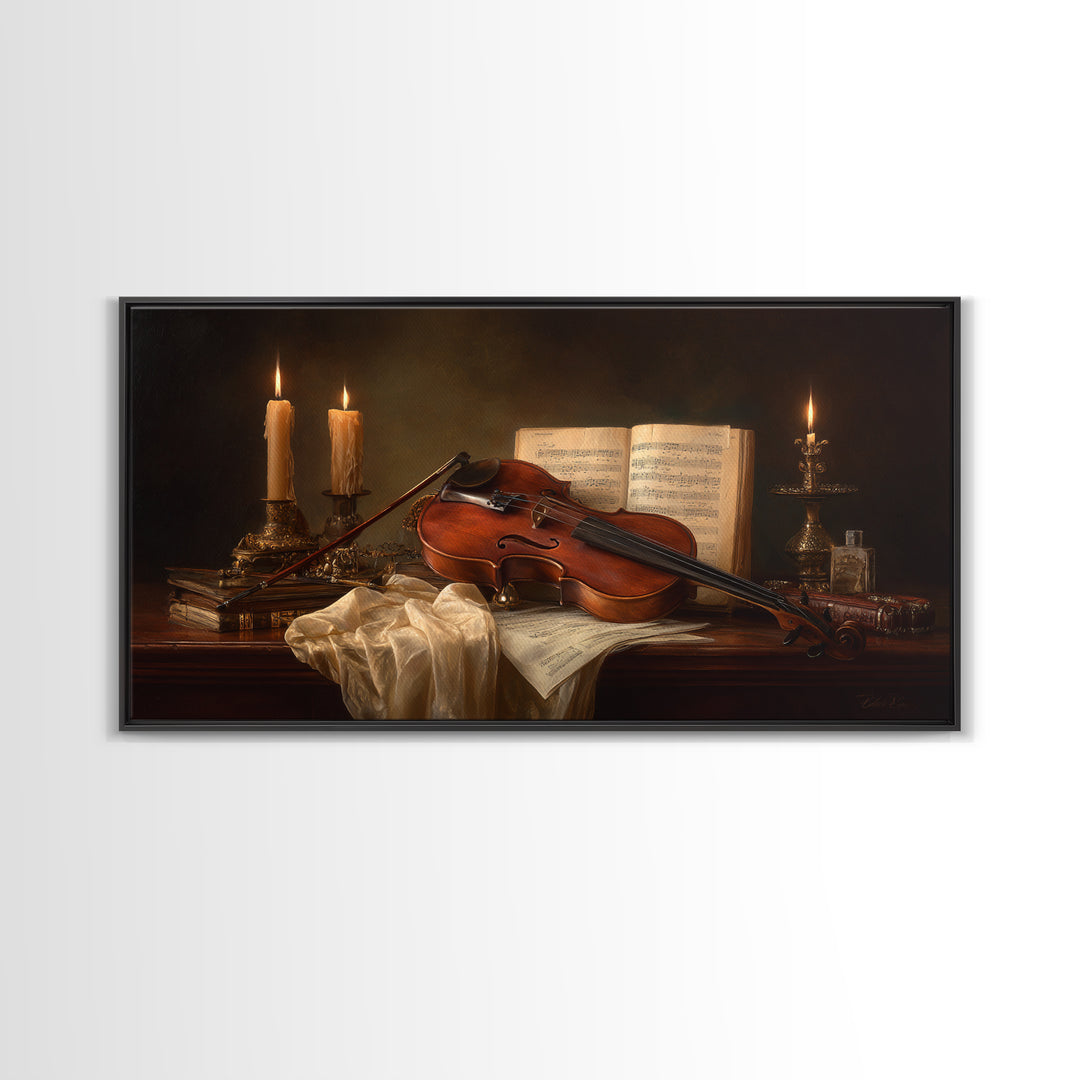 Baroque Violin and Sheet Music Still Life Framed Canvas Print, Baroque Art, Eclectic Wall Art, Living Room Decor, Ornate, BAO-2x1-79