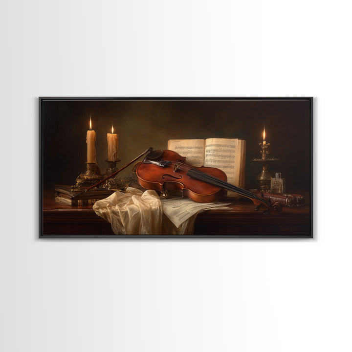 Baroque Violin and Sheet Music Still Life Framed Canvas Print, Baroque Art, Eclectic Wall Art, Living Room Decor, Ornate, BAO-2x1-79