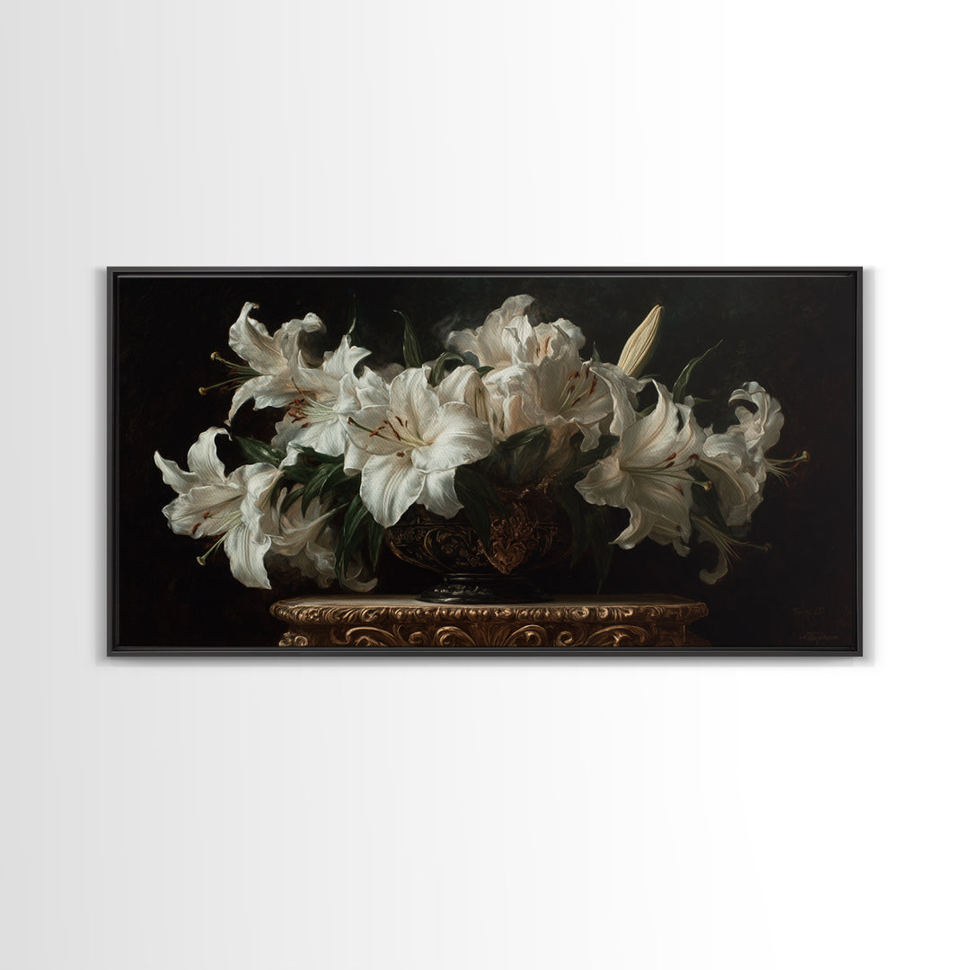 Dramatic White Lilies Framed Canvas Print, Baroque Art, Modern Wall Art, Living Room Decor, Fine Art, Ornate, Feminist Art, BAO-2x1-80