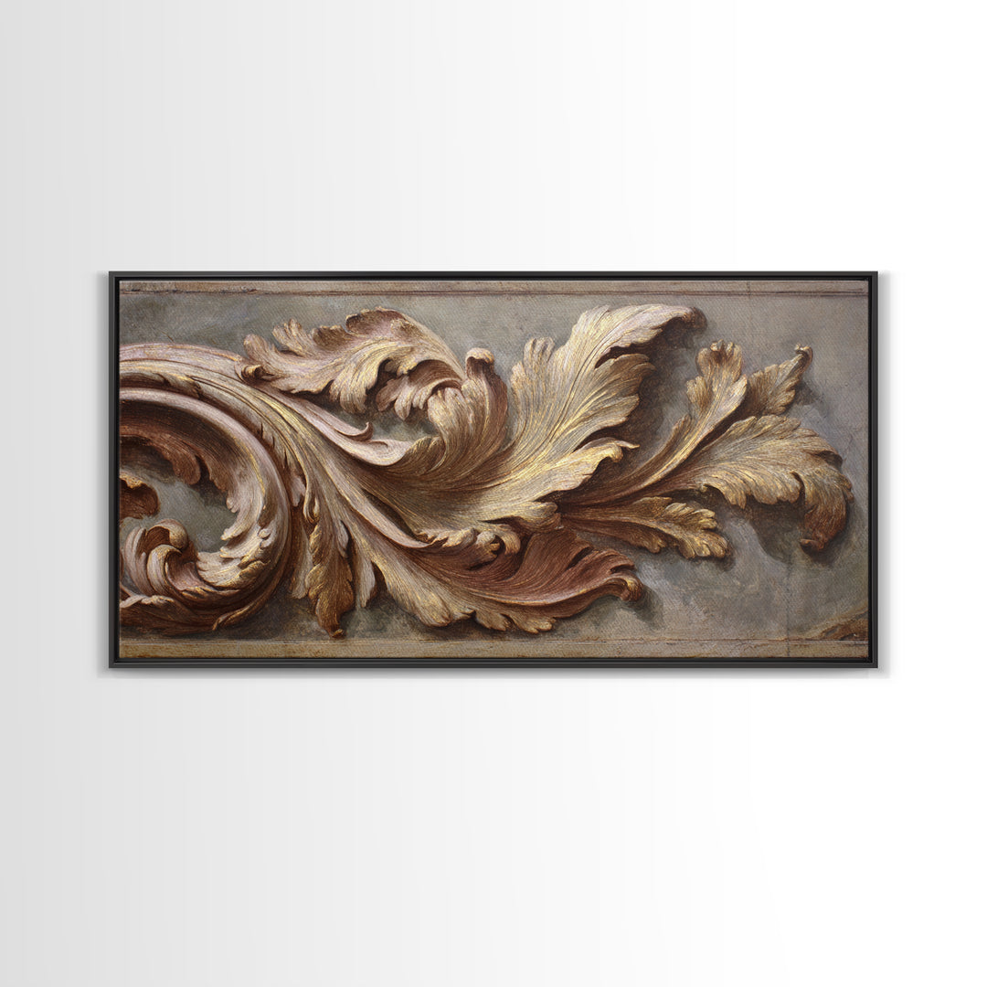 Carved Acanthus Leaf Ornament Study Framed Canvas Print, Baroque Art, Boho Decor, Living Room Decor, Oil Painting, Ornate, BAO-2x1-83