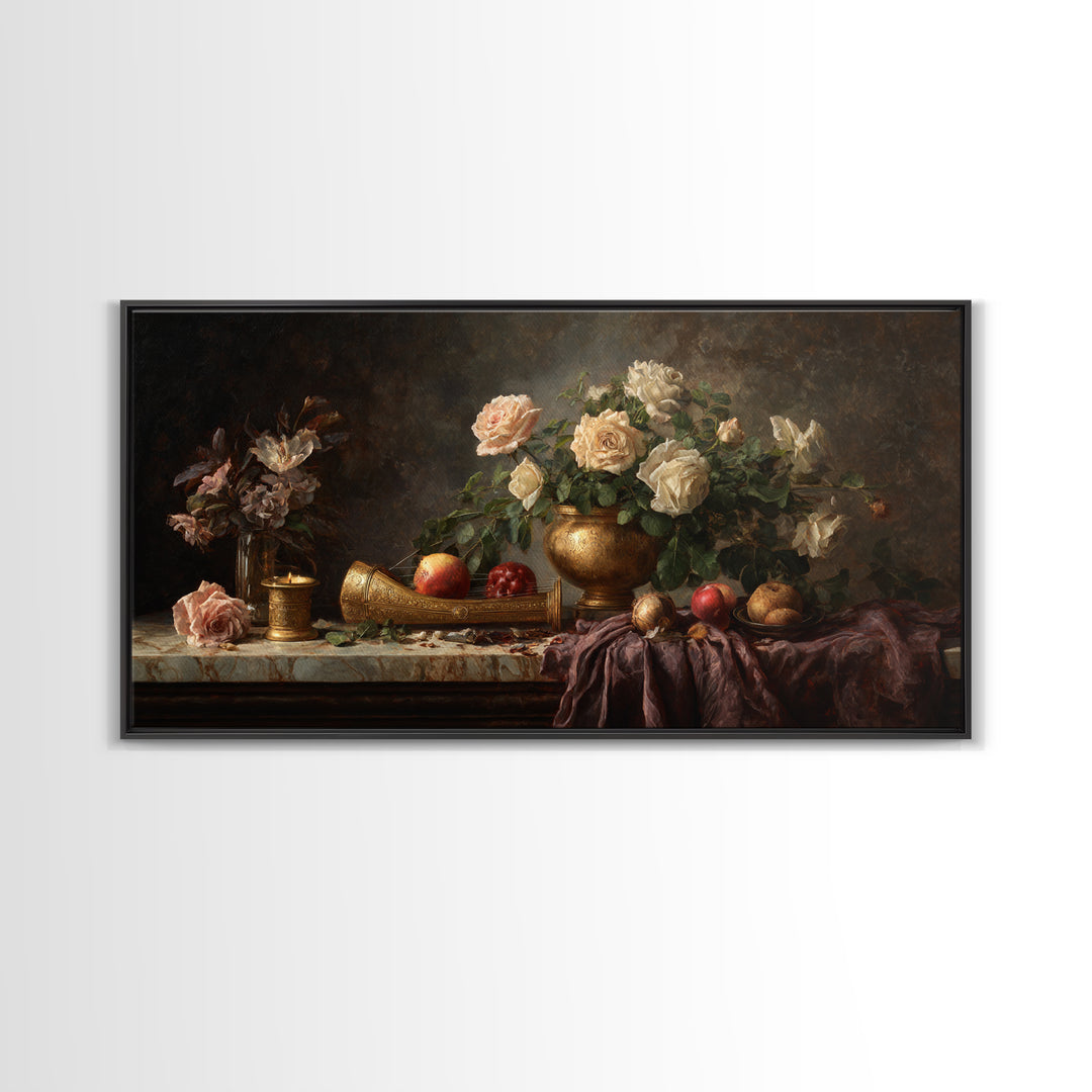 Golden Harp and Roses Framed Canvas Print, Baroque Art, Boho Decor, Living Room Decor, Fine Art, Ornate, Printable Wall Art, BAO-2x1-86