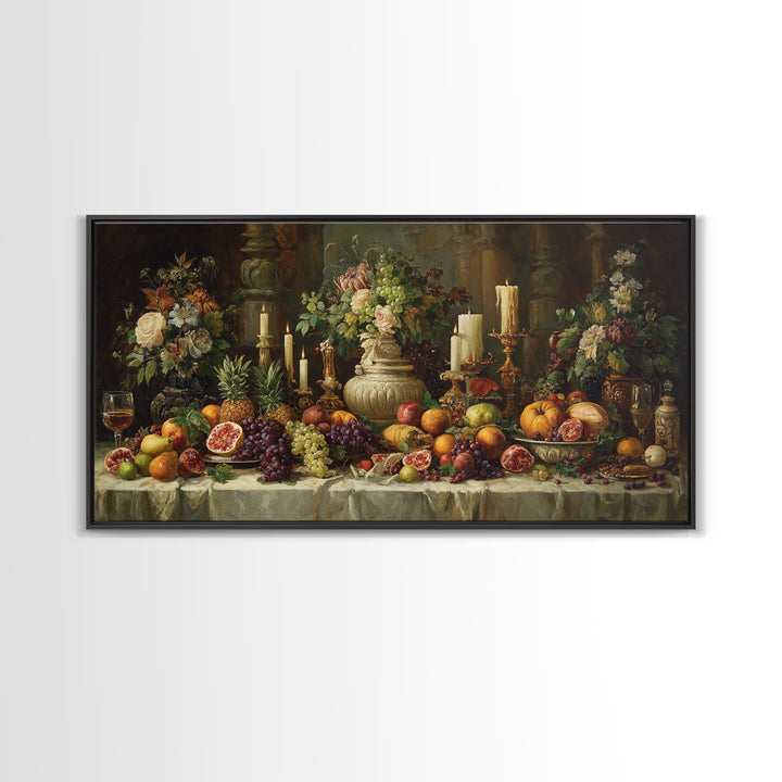 Lavish Banquet Fruit Composition Framed Canvas Print, Baroque Art, Whimsical Decor, Living Room Decor, Fine Art, Ornate, BAO-2x1-88
