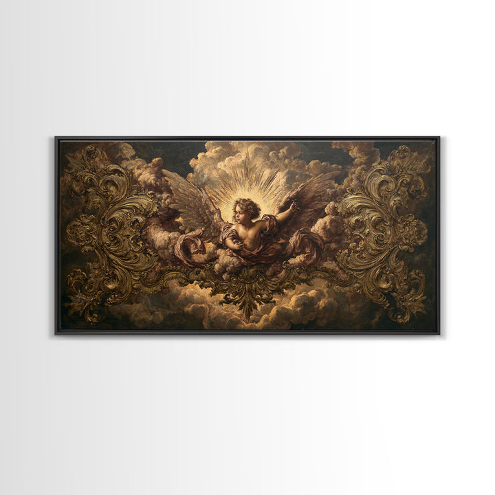 Ornate Cherub Figure Surrounded by Clouds and Canvas Print, Baroque Art, Luxury Decor, Living Room Decor, Fine Art, Ornate, BAO-2x1-94