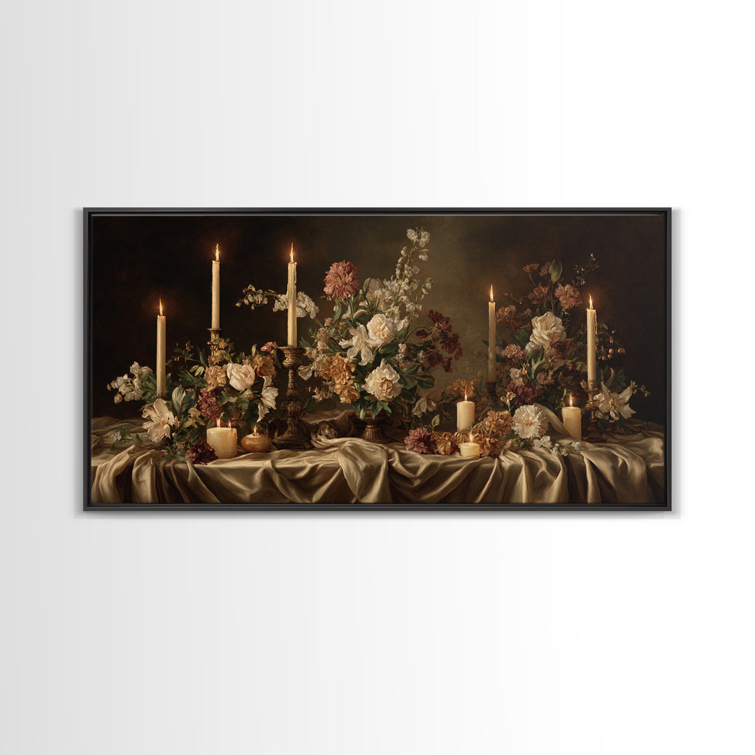 Velvet Drapery with Pearls Flowers and Candlelight Canvas Print, Baroque Art, Maximalist Decor, Living Room Decor, Ornate, BAO-2x1-95