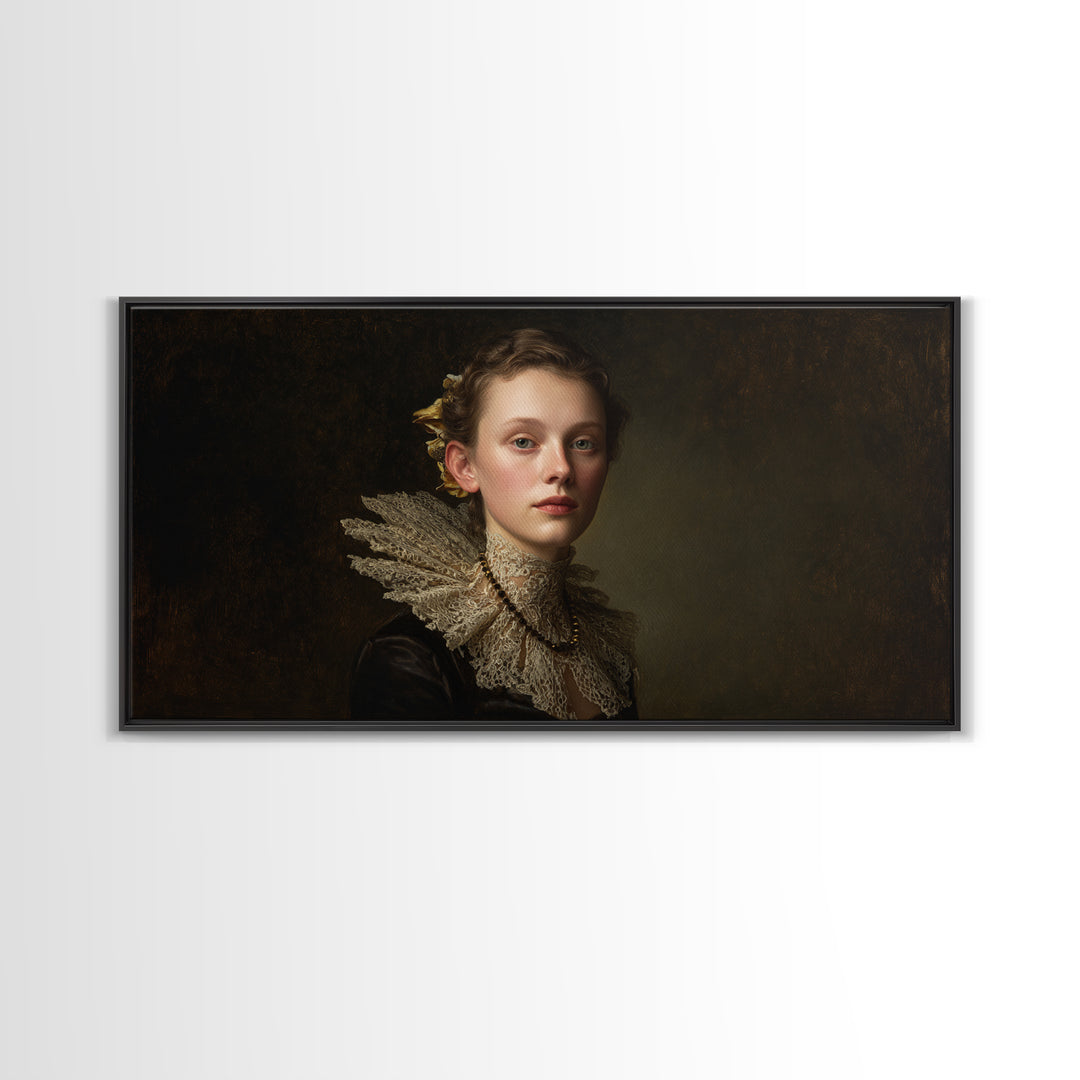 Classical Portrait with Lace Collar and Jewel Framed Canvas Print, Baroque Art, Oil Painting, Living Room Decor, Ornate, BAO-2x1-99