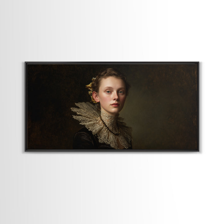 Classical Portrait with Lace Collar and Jewel Framed Canvas Print, Baroque Art, Oil Painting, Living Room Decor, Ornate, BAO-2x1-99