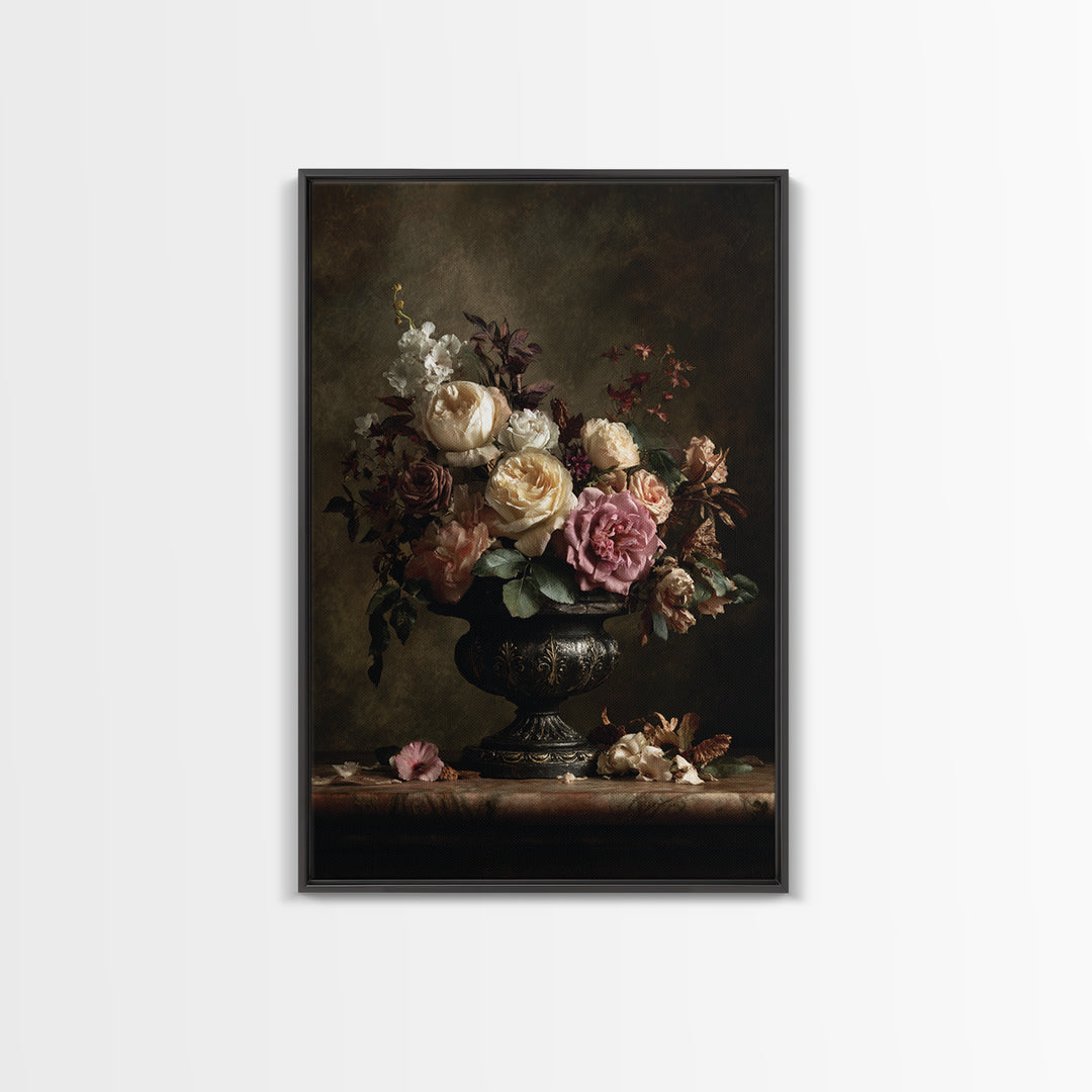 Dark Floral Arrangement Framed Canvas Print, Baroque Art, Feminist Art, Living Room Decor, Fine Art, Ornate, Luxury Decor, BAO-2x3-12