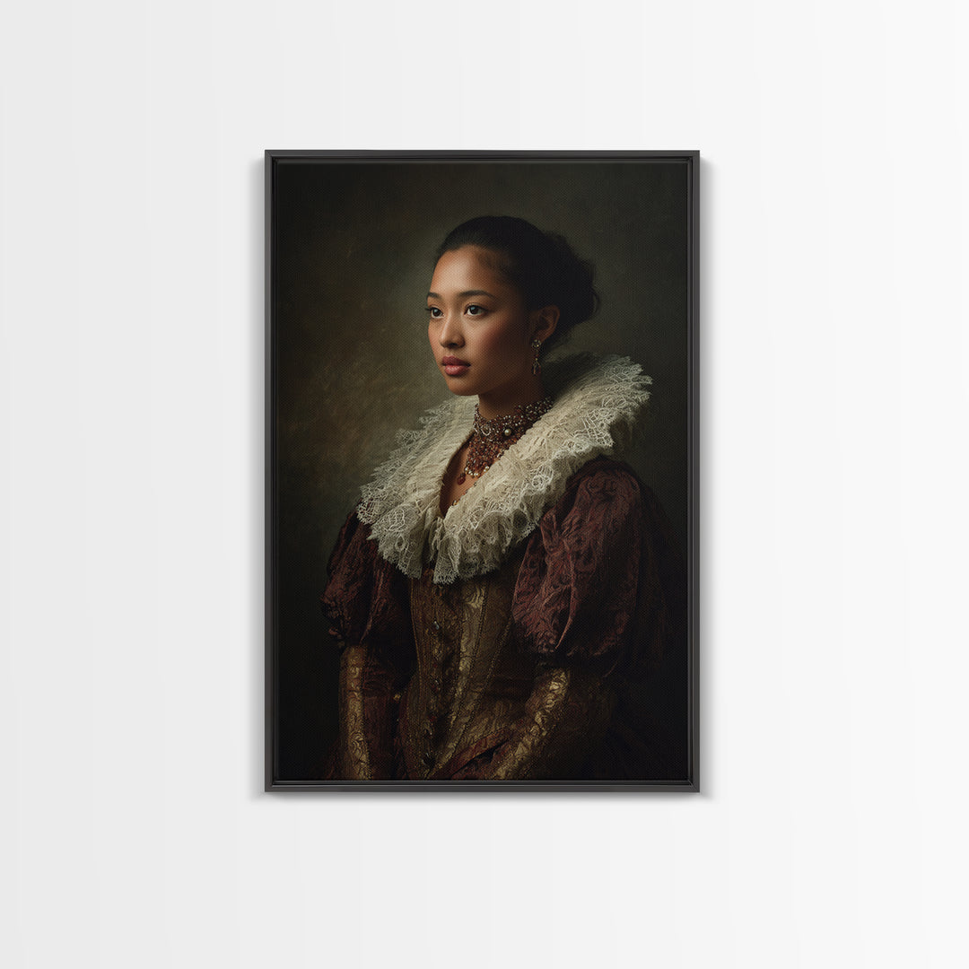 Classical Portrait with Lace Collar and Jewel Canvas Print, Baroque Art, Dark Academia Decor, Living Room Decor, Ornate, BAO-2x3-15