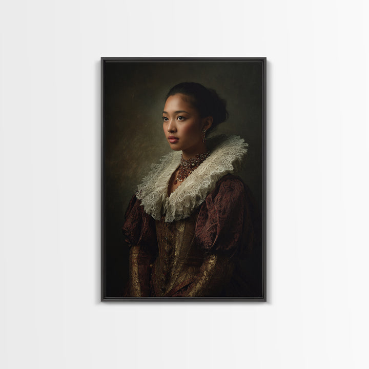 Classical Portrait with Lace Collar and Jewel Canvas Print, Baroque Art, Dark Academia Decor, Living Room Decor, Ornate, BAO-2x3-15