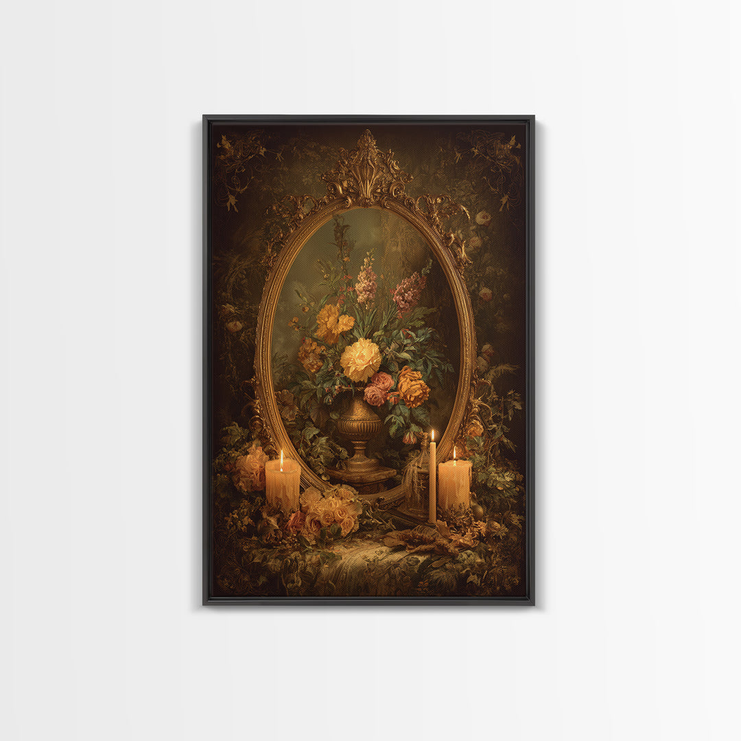 Ornate Gold Frame Illusion Around a Botanical Framed Canvas Print, Baroque Art, Modern Decor, Living Room Decor, Ornate, BAO-2x3-17
