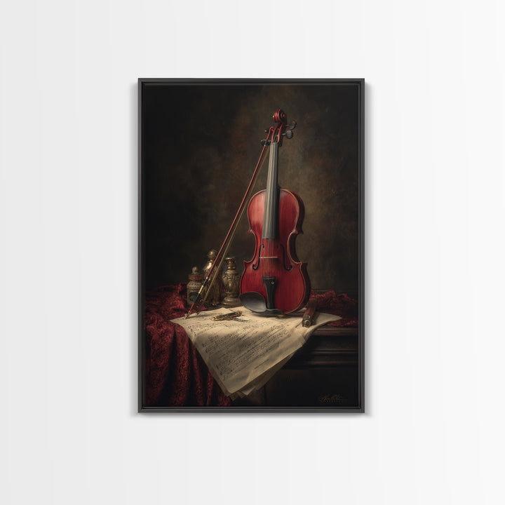 Baroque Violin and Sheet Music Still Life Framed Canvas Print, Baroque Art, Whimsical Decor, Living Room Decor, Ornate, BAO-2x3-19