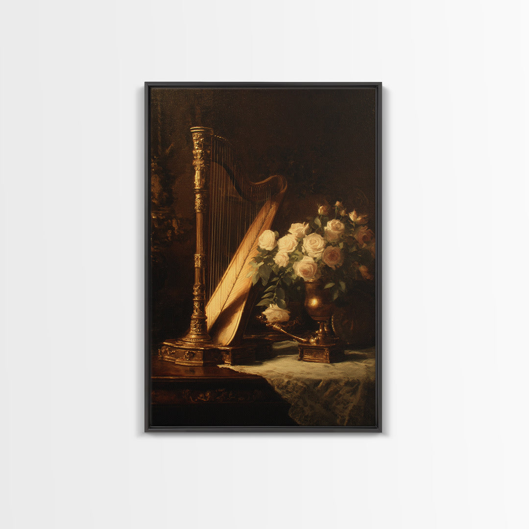 Golden Harp and Roses Framed Canvas Print, Baroque Art, Maximalist Wall Art, Living Room Decor, Abstract Art, Ornate, BAO-2x3-2