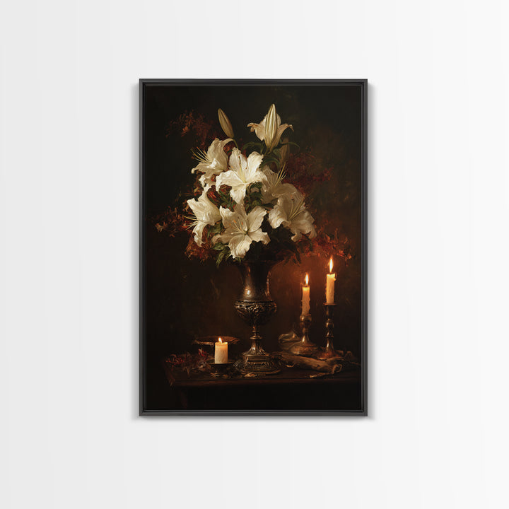 Dramatic White Lilies Framed Canvas Print, Baroque Art, Modern Decor, Living Room Decor, Oil Painting, Ornate, Poster, BAO-2x3-20