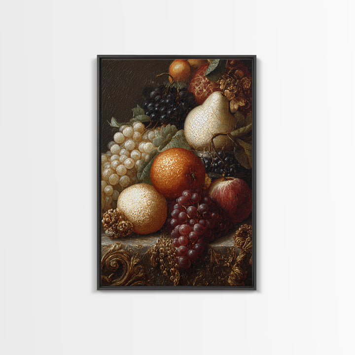 Lavish Banquet Fruit Composition Framed Canvas Print, Baroque Art, Textured Painting, Living Room Decor, Fine Art, Ornate, BAO-2x3-28