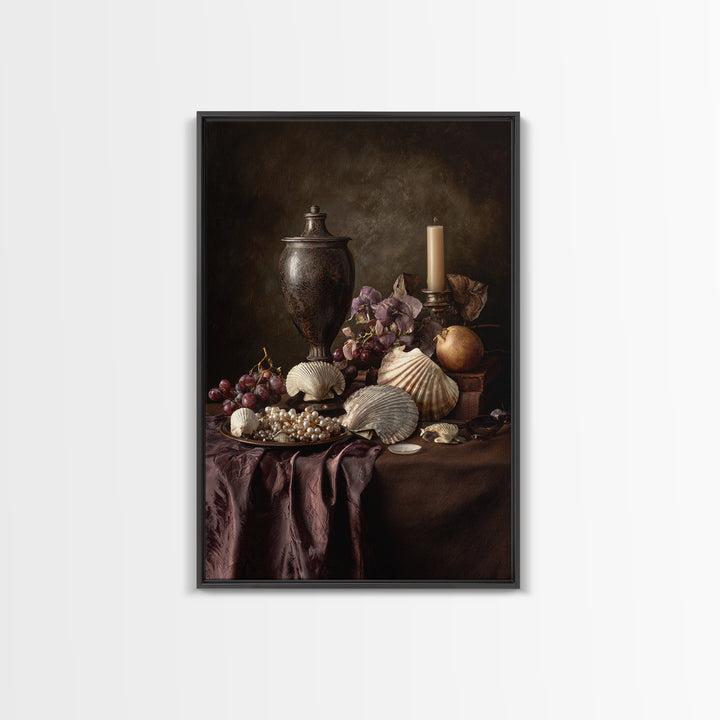 Ornamental Shell and Pearl Composition Framed Canvas Print, Baroque Art, Feminist Art, Living Room Decor, Fine Art, Ornate, BAO-2x3-30