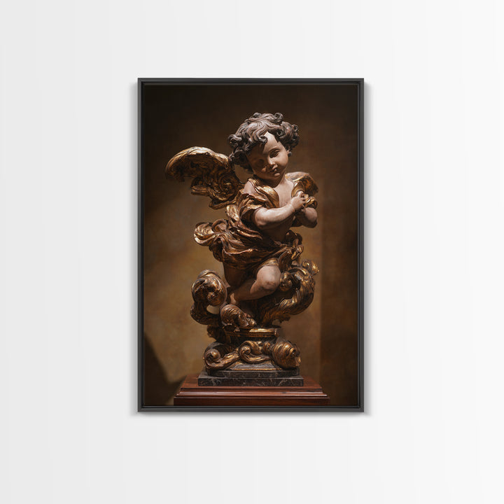 Ornate Cherub Figure Surrounded by Clouds and Framed Canvas Print, Baroque Art, Neutral Decor, Living Room Decor, Oil Painting, BAO-2x3-34